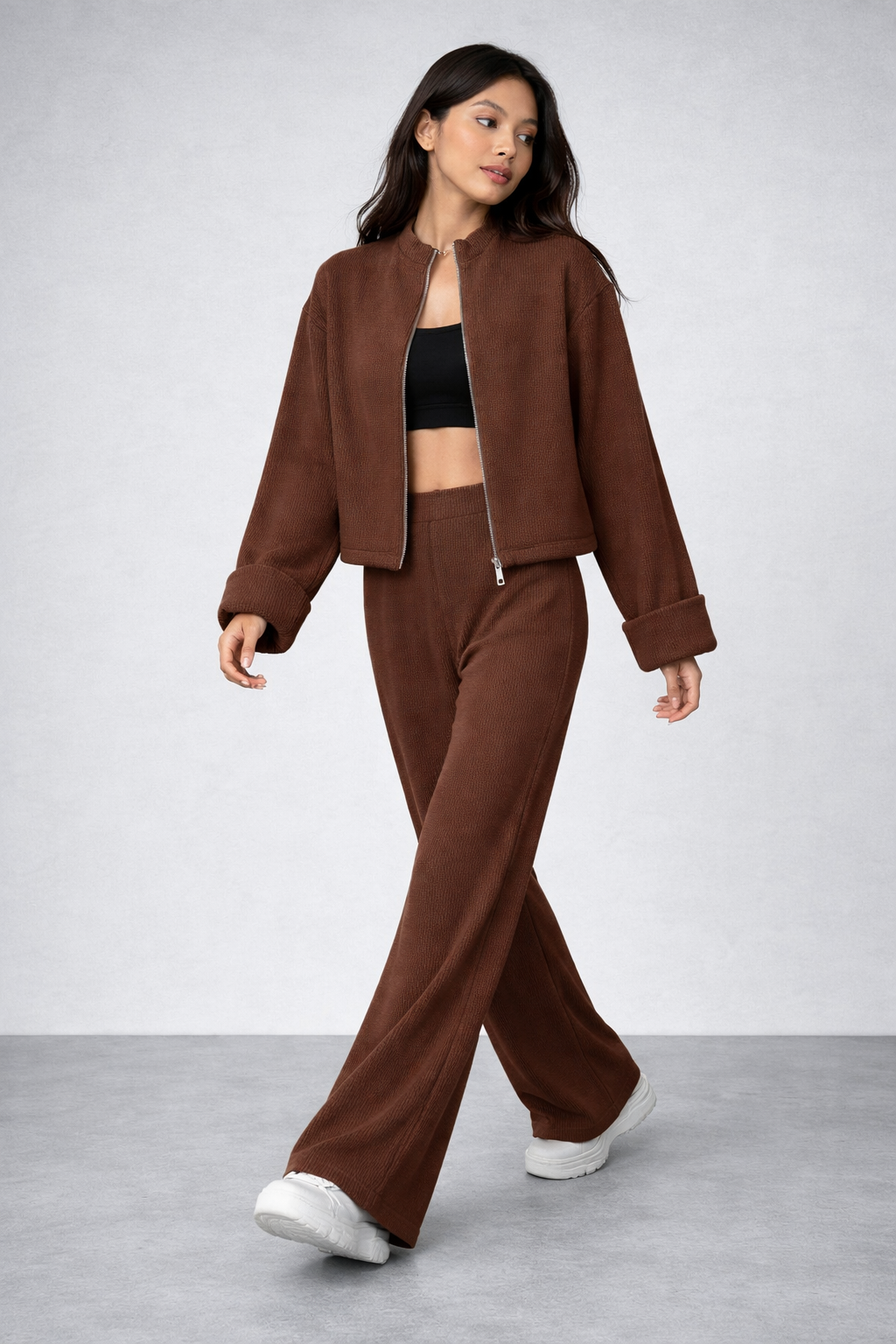 Soft Knit Zip Jacket & Wide Pants Set
