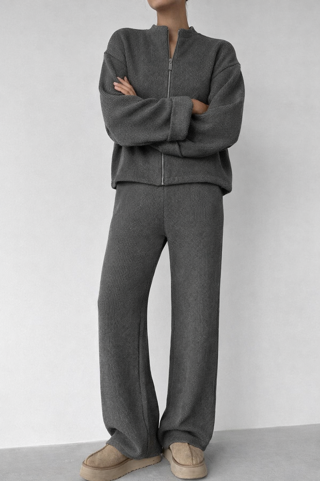 Soft Knit Zip Jacket & Wide Pants Set