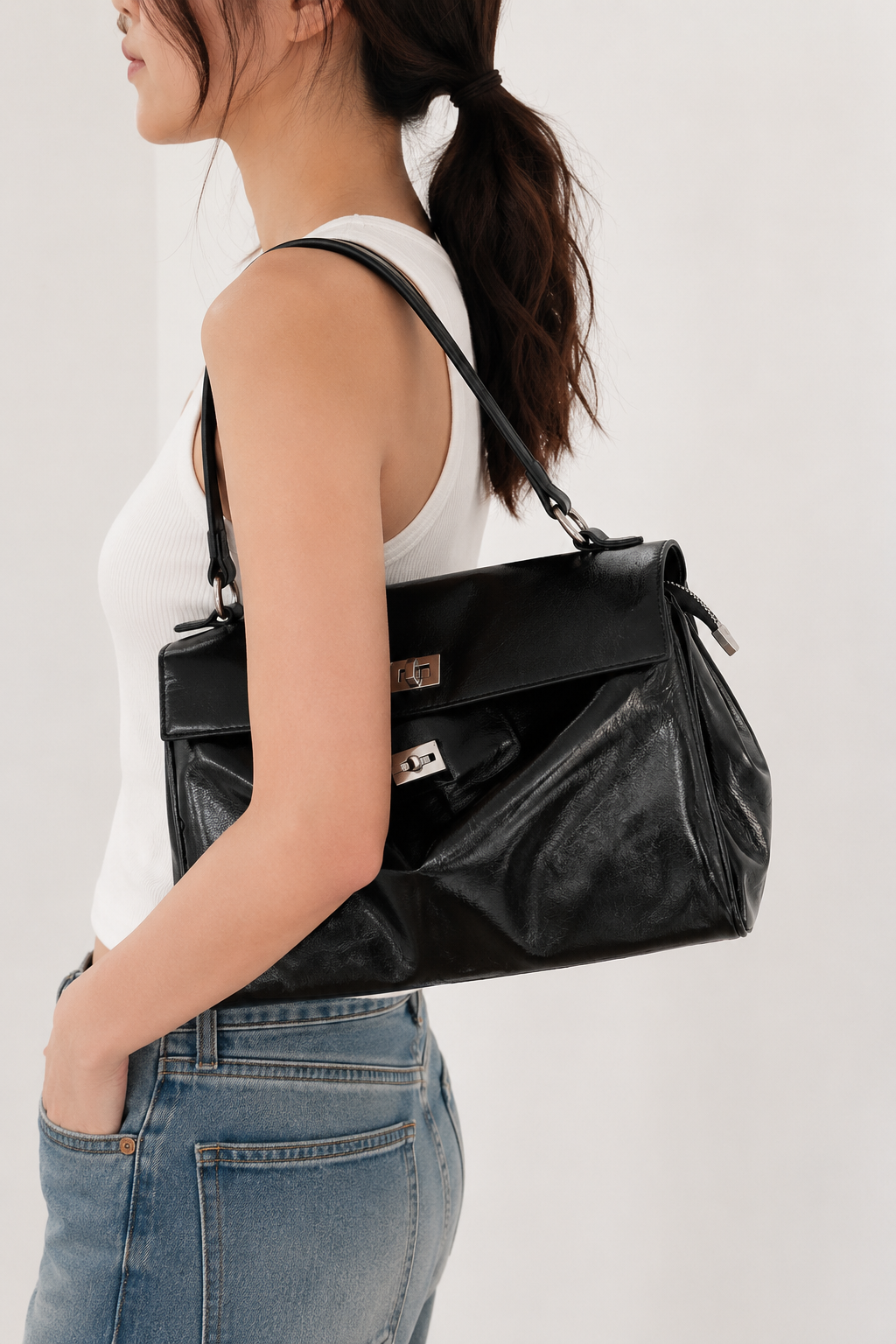 Noir Gloss Shoulder Bag